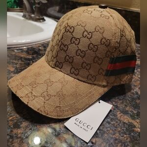Gucci Tan Monogram Hat with Red and Green Accent